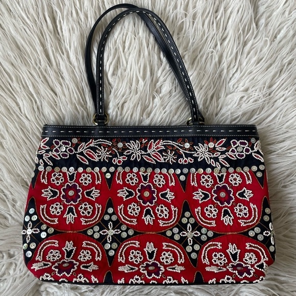 Isabella Fiore Beaded Sequined Paisley Cloth Leather Trim Black Red Shoulder Bag - Picture 1 of 12